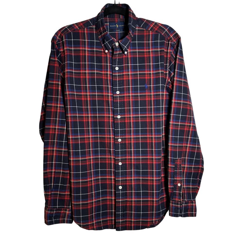 Ralph Lauren Shirt Men’s Large Red Blue Plaid Slim Fit Long Sleeve Casual
